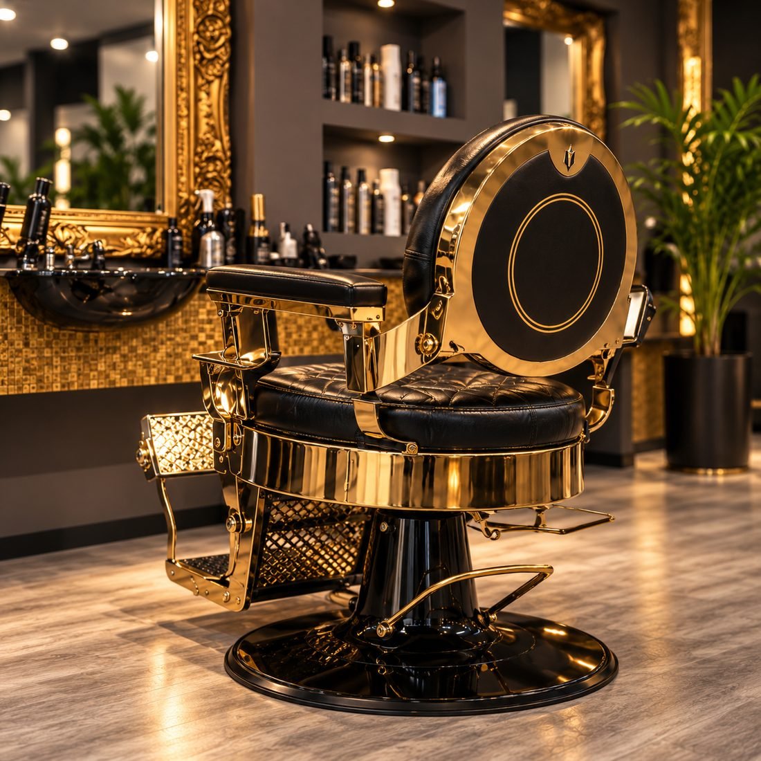 Goldener Barberstuhl am Arbeitsplatz bei Kamm & Schere Norderstedt