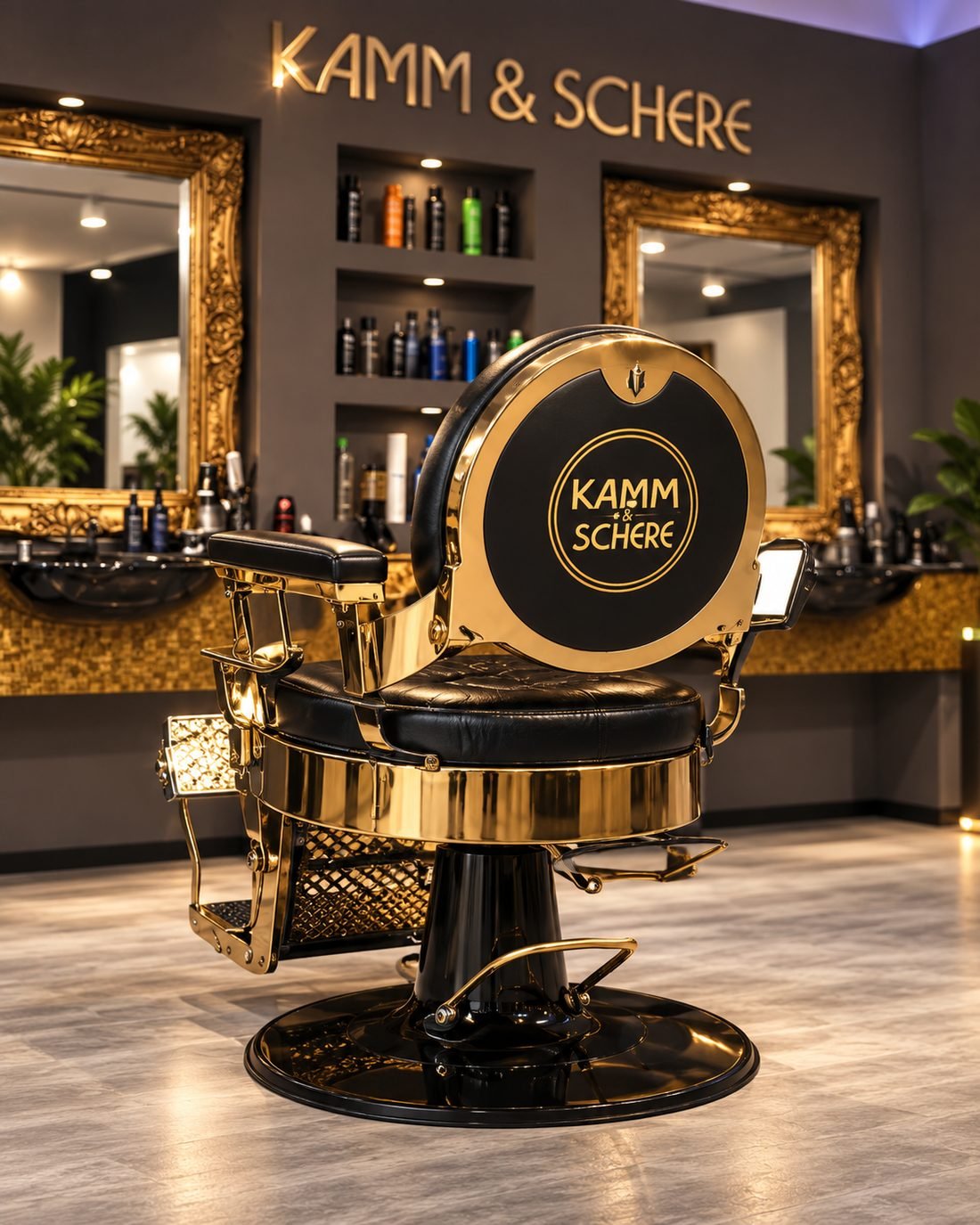 Goldener Barberstuhl mit Kamm-&-Schere-Logo